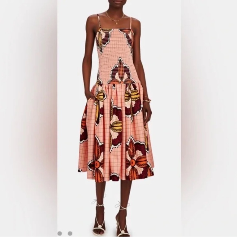 Autumn Adeigbo Pink and Brown Patterned Midi Dress